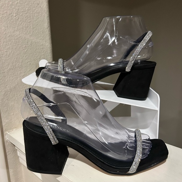 Lisa Vicky Mood Microsuede Block Heel Slide Sandal Black Rhinestone Strap Sz 6.5 - Picture 1 of 10